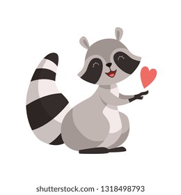 Cute Raccoon with Red Heart, Funny Humanized Grey Coon Animal Character Vector Illustration