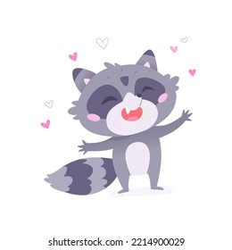 Cute Raccoon With Red And Pink Hearts Vector Illustration. Cartoon Isolated Funny Happy Racoon With Tail, Paws And Amusing Face Celebrating Romantic Valentines Day, Love Emotions Of Baby Animal