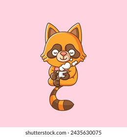 Cute raccoon relax with a cup of coffee cartoon animal character mascot icon flat style illustration concept set