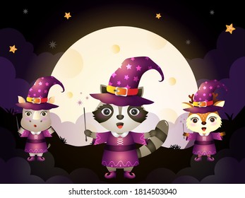 a cute raccoon, rhino and deer with costume witch halloween character on full moon background