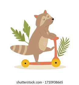 Cute raccoon riding on a scooter. Animal character design. Illustration for baby T shirts, prints, greetings