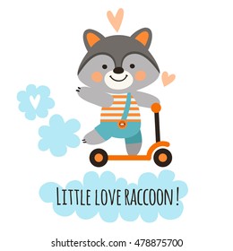 Cute raccoon riding scooter. Cute raccoon traveling by scooter. Children's illustration with a  raccoon.