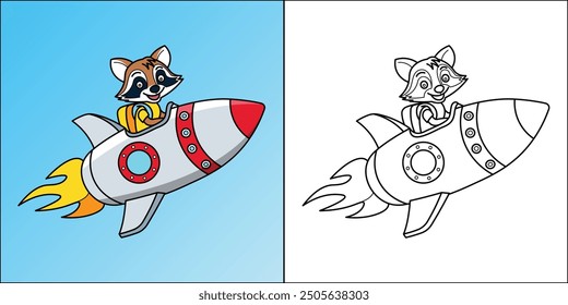 Cute raccoon riding a space rocket suitable for kids coloring page vector illustration