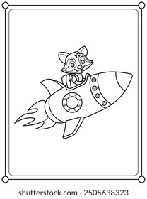 Cute raccoon riding a space rocket suitable for kids coloring page vector illustration