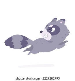 Cute raccoon running away on trail vector illustration. Cartoon isolated portrait of furry racoon character with paws, striped tail and funny face, wild forest thief animal stealing and running