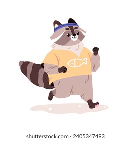 Un mapache lindo corriendo. Deporte animal trotando. Feliz corredor de racoon divertido, atleta corredor haciendo ejercicio, entrenando. Entrenamiento saludable. Ilustración vectorial plana para niños aislados en fondo blanco