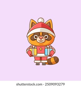 Cute raccoon santa claus animal kawaii chibi character mascot illustration outline style design set