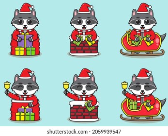 Cute Raccoon Santa Claus vector illustration. Vector illustration isolated on light blue background. Good for icon, label, sticker, clipart.