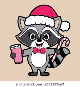 Guaxinim bonito com Santa Hat segurando cana de doces e bebida