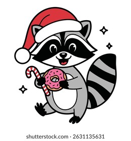 Guaxinim bonito com Santa Hat segurando cana de doces e rosquinha