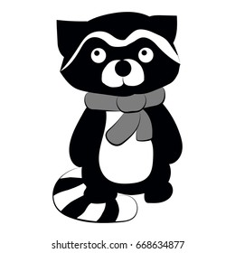 Cute raccoon in scarf in black and white colors. Vector illustration