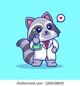 Cute Raccoon Scientist Holding Lab Tube Cartoon Vektorsymbol Illustration. Animal Science Icon Konzept isolierter Premium Vektor. Flachbildkartonstil