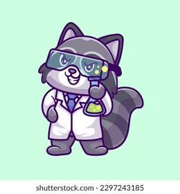 Cute Raccoon Scientist Holding Lab Tube Cartoon Vector Icon Illustration. Animal Science Icon Concept Isolated Premium Vector. Flat Cartoon Style