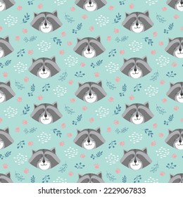 Cute Raccoon Seamless pattern. Cartoon Animals in forest background. Vector illustration.