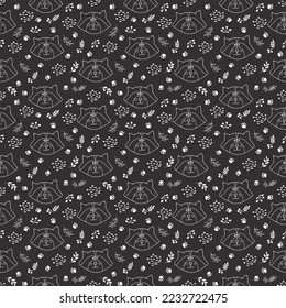 Cute Raccoon Seamless pattern. Cartoon Animals in forest background. Vector illustration.