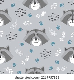 Cute Raccoon Seamless pattern. Cartoon Animals in forest background. Vector illustration.