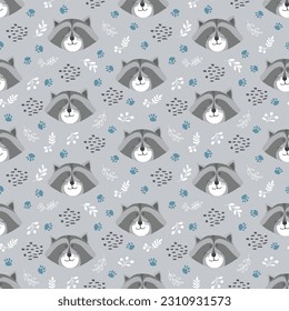 Cute Raccoon Seamless pattern. Cartoon Animals in forest background. Vector illustration.