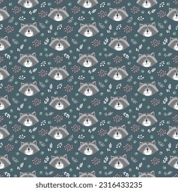 Cute Raccoon Seamless pattern. Cartoon Animals in forest background. Vector illustration.