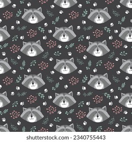 Cute Raccoon Seamless pattern. Cartoon Animals in forest background. Vector illustration.