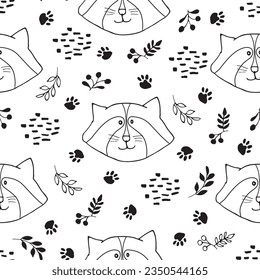 Cute Raccoon Seamless pattern. Cartoon Animals in forest background. Vector illustration.