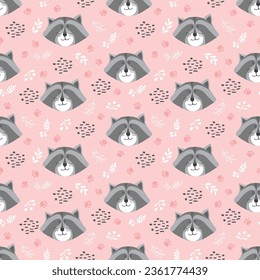 Cute Raccoon Seamless pattern. Cartoon Animals in forest background. Vector illustration.