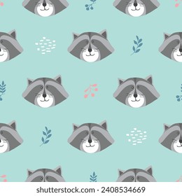 Cute Raccoon Seamless pattern. Cartoon Animals in forest background. Vector illustration.