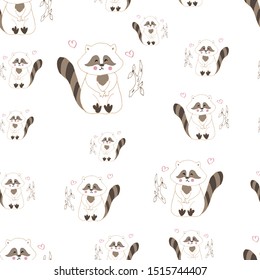 Cute raccoon seamless pattern on a white background. For textiles, fabric packaging, boxes, cardboard, wrapping paper.
Cartoon style. Vector