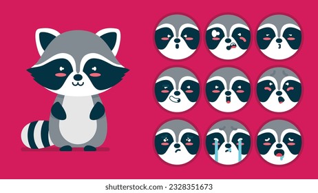 Racco lindo, conjunto de emociones animales, pequeño mapache con la colocación de emojis, durmiendo, llorando, triste, aburrido, feliz, emocionado, adorable, sorprendido, descuidado, confiado, aterrorizado, atónito avatar del Vector Flat