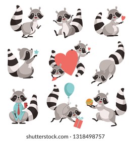 Cute Raccoon Set, Funny Animal Cartoon Character in Different Situations Vector Illustration