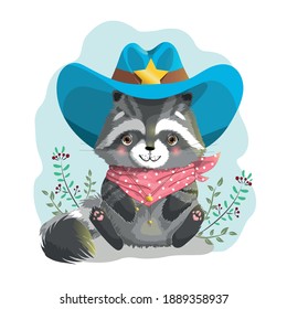 Cute Raccoon In A Sheriff's Suit. The Animal Wears A Cowboy Hat With A Sheriff's Star And A Red Headscarf. Children's Vector Illustration.