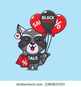 cute raccoon with shopping bag and balloon at black friday sale cartoon vector illustration