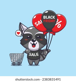 cute raccoon with shopping cart and balloon at black friday sale cartoon vector illustration