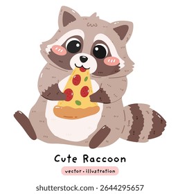 Guaxinim bonito sentado e comendo pizza tão gostoso desenho animado