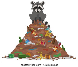 A cute raccoon sits on top of a pile of garbage