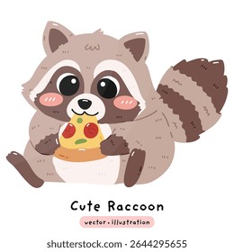 Cute Raccoon sitting eating pizza deliciously cartoon illustration vector 