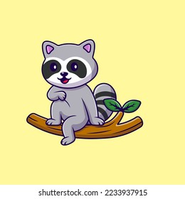 Cute Raccoon Sitting On Branch Cartoon Vector Icons Illustration. Flat Cartoon Concept. Suitable for any creative project.