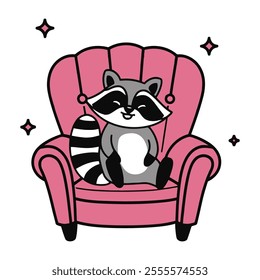 Cute Raccoon Sitting on a Pink Chair Cartoon Illustration