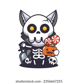 Cute raccoon with skeleton costume holding halloween pumpkin. Cute halloween cartoon illustration. 