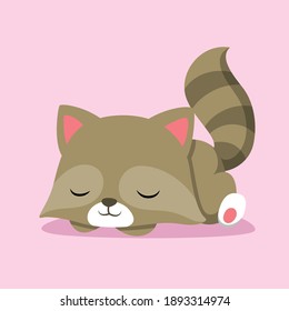 The cute raccoon is sleeping and laying down his body on the pink solid background of illustration