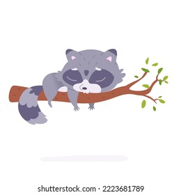 Cute raccoon sleeping on tree branch with leaf vector illustration. Cartoon isolated furry baby racoon character with tail, paws and closed eyes lying in funny pose to sleep with dreams and relax