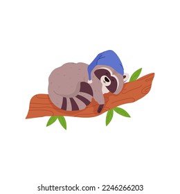 Cute raccoon sleeping on tree branch, cartoon flat vector illustration isolated on white background. Funny animal wearing night cap. Cheerful wild animal drawing for kids.