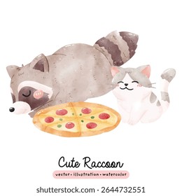 Guaxinim bonito com fatia de pizza na ilustração de vetor de aquarela