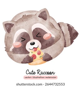 Guaxinim bonito com fatia de pizza na ilustração de vetor de aquarela
