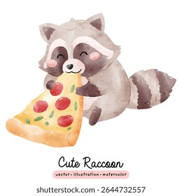 Guaxinim bonito com fatia de pizza na ilustração de vetor de aquarela