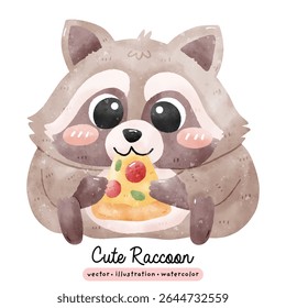 Guaxinim bonito com fatia de pizza na ilustração de vetor de aquarela