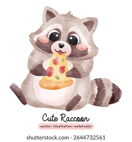 Cute raccoon with slice of pizza in watercolor vector illustration