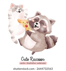 Guaxinim bonito com fatia de pizza na ilustração de vetor de aquarela