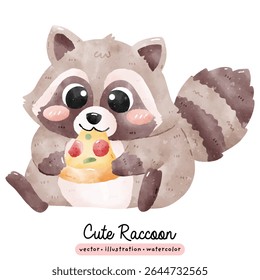 Guaxinim bonito com fatia de pizza na ilustração de vetor de aquarela