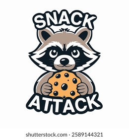 Cute Raccoon Snack Attack, Vector Illustration, Food Sticker Design. A cute raccoon with a cookie in a ‘Snack Attack’ design, perfect for snack brand stickers, logos, or food advertisements