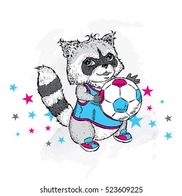 Cute raccoon with a soccer Ball. Vector illustration for a card or poster. Print on clothes. Cute animal. Cartoon character.